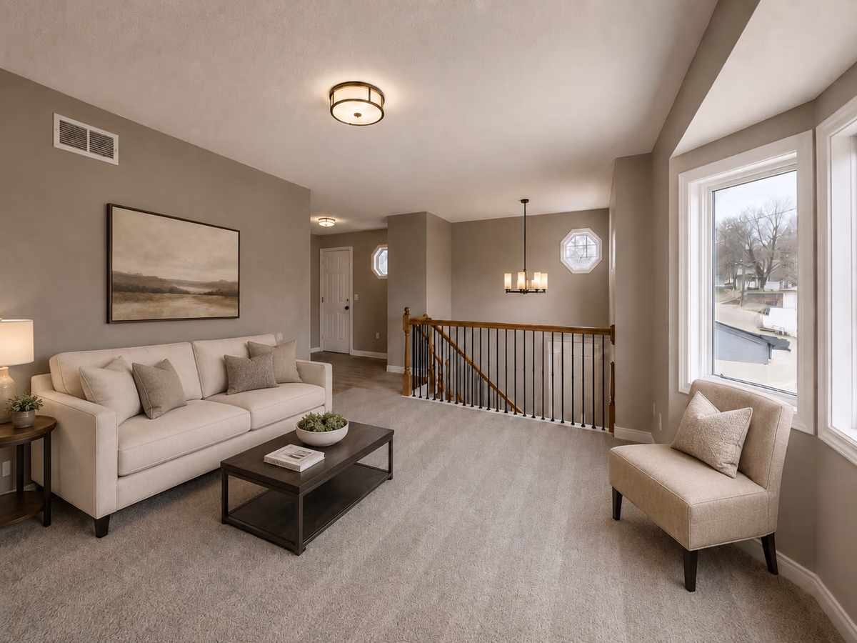 Bright furnished living area with clean carpet and large windows